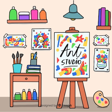 Colorful art studio illustration with easel, paint supplies, shelves, and artwork on walls.