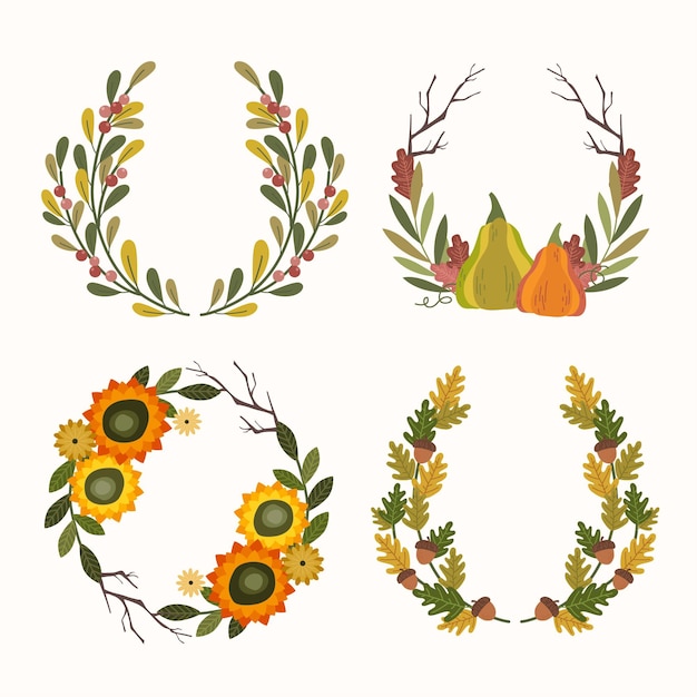 Four autumn-themed floral wreaths featuring berries, pumpkins, sunflowers, and acorns in warm fall colors.