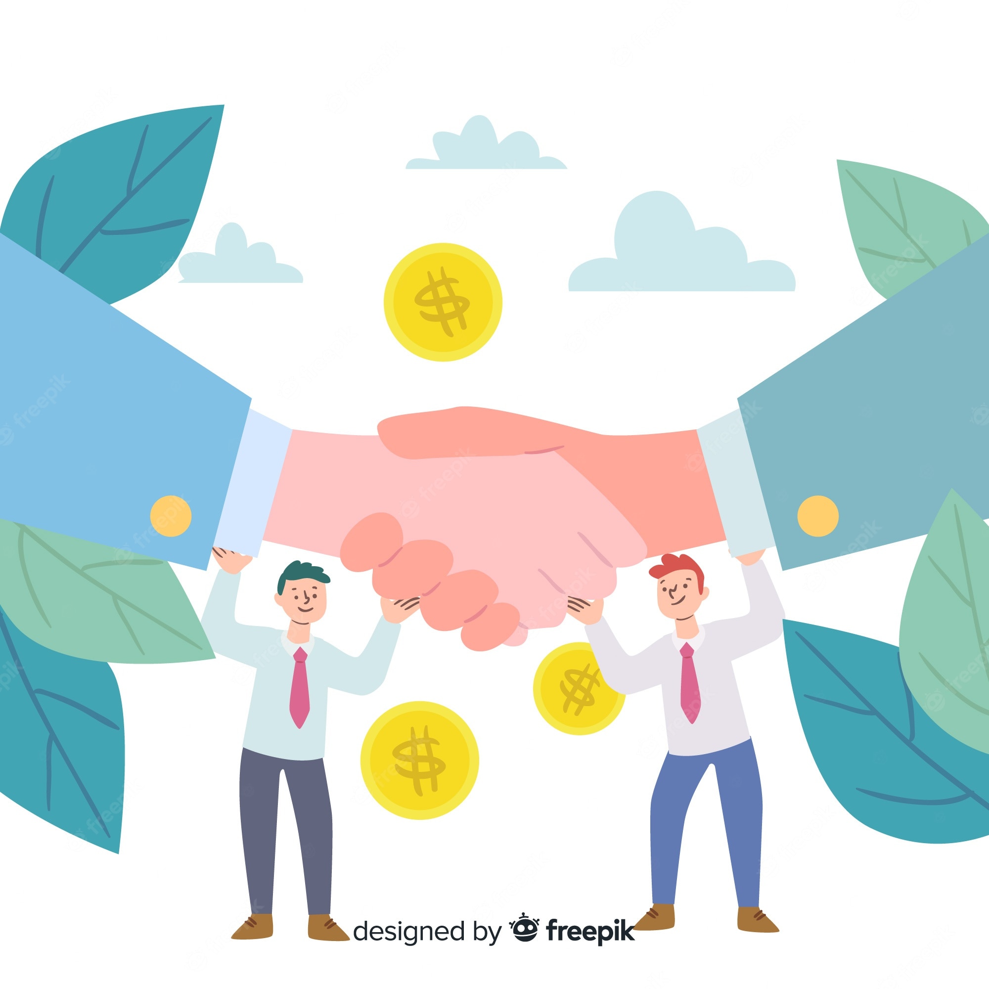 Two businessmen celebrating a partnership with giant handshake, coins, and green leaves symbolizing growth and finance.