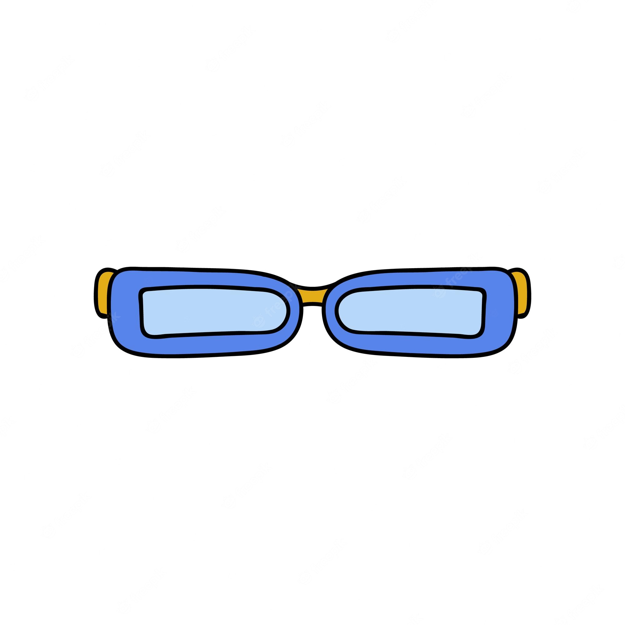 Blue cartoon-style eyeglasses with yellow temples and light blue lenses on white background.