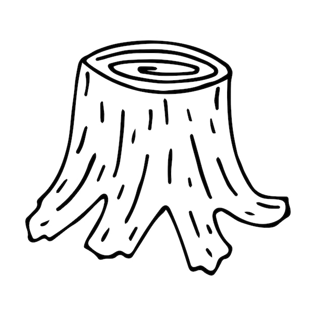 Hand-drawn black-and-white illustration of a tree stump with visible growth rings and bark texture.