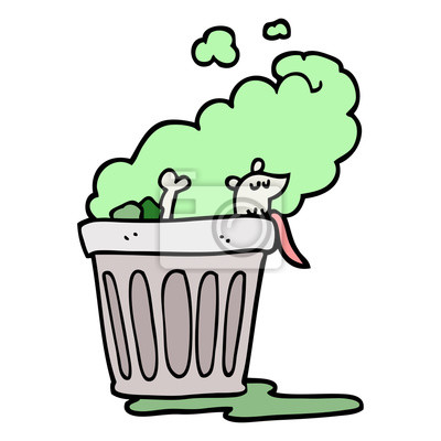 A cartoon mouse peeking out of a overflowing trash can with green stink clouds and a bone.