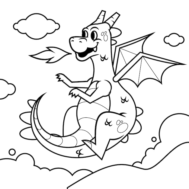 Friendly cartoon dragon flying through clouds, breathing fire with joyful expression.