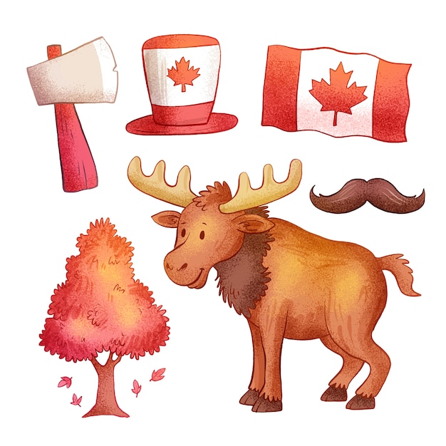 Canadian-themed illustration featuring a moose, maple leaf flag, top hat, axe, autumn tree, and mustache.