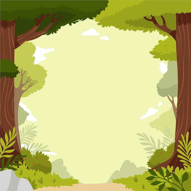 Lush green forest frame with large trees, foliage, and a soft sky background-ideal for nature-themed designs.