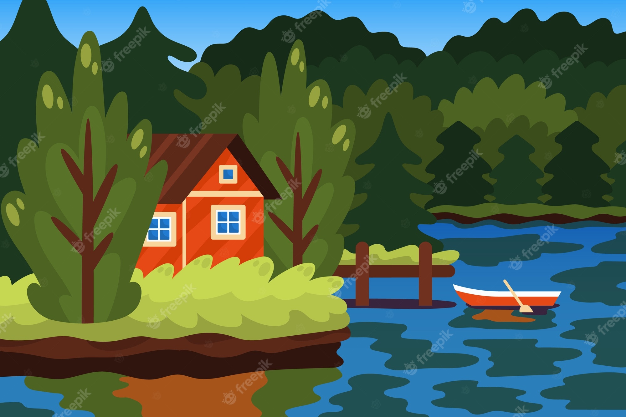 Serene Lakeside Cabin Illustration - Peaceful Nature Scene