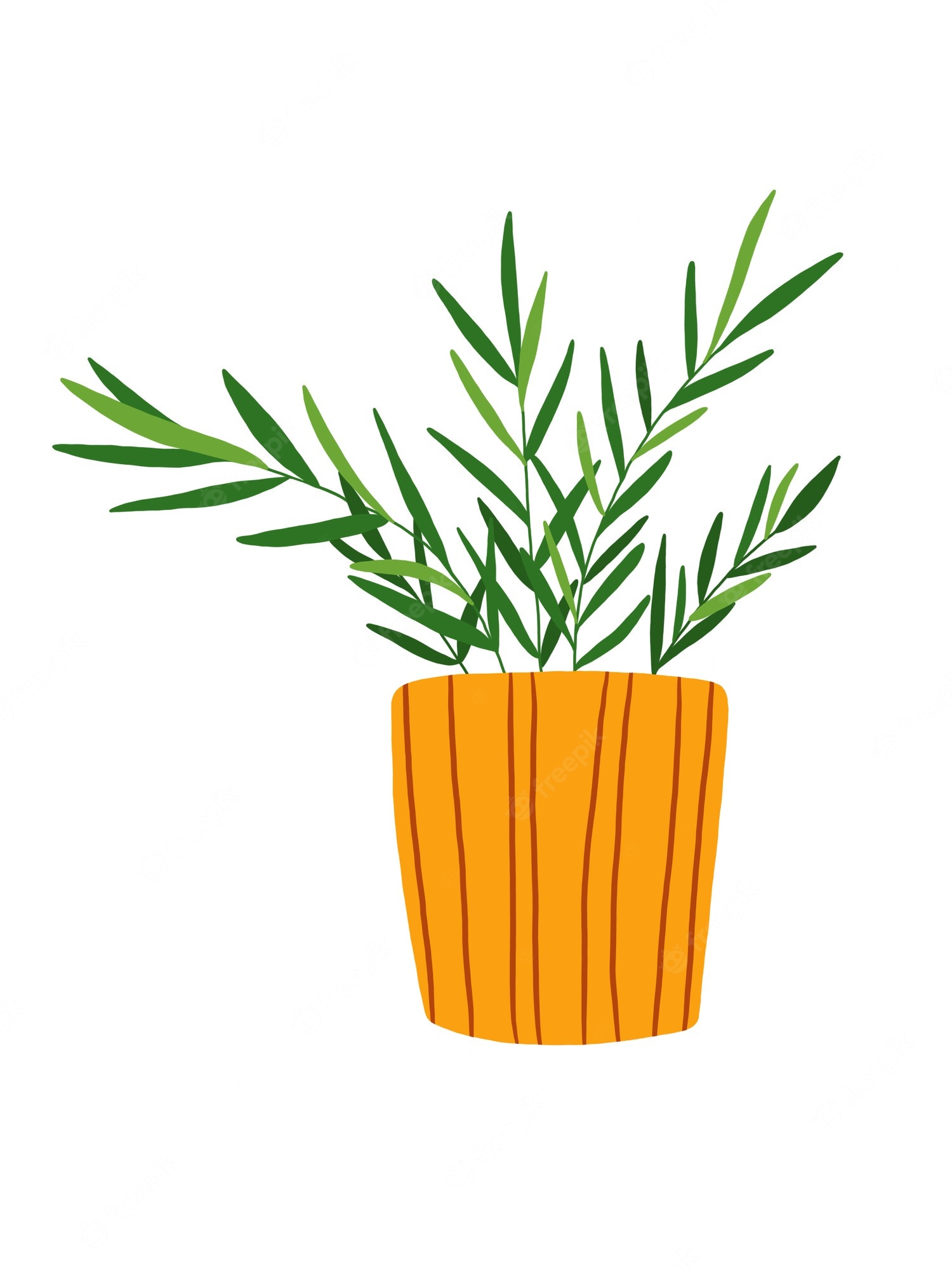 Orange striped pot with green leafy plant, minimalist flat illustration on white background.