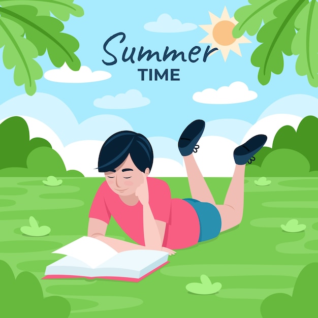 A person lying on grass reading a book under a sunny summer sky with leafy trees framing the scene.