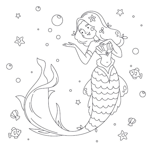A charming black-and-white line drawing of a smiling mermaid with flowing hair, shell top, and scaly tail, surrounded by fish, bubbles, and stars.
