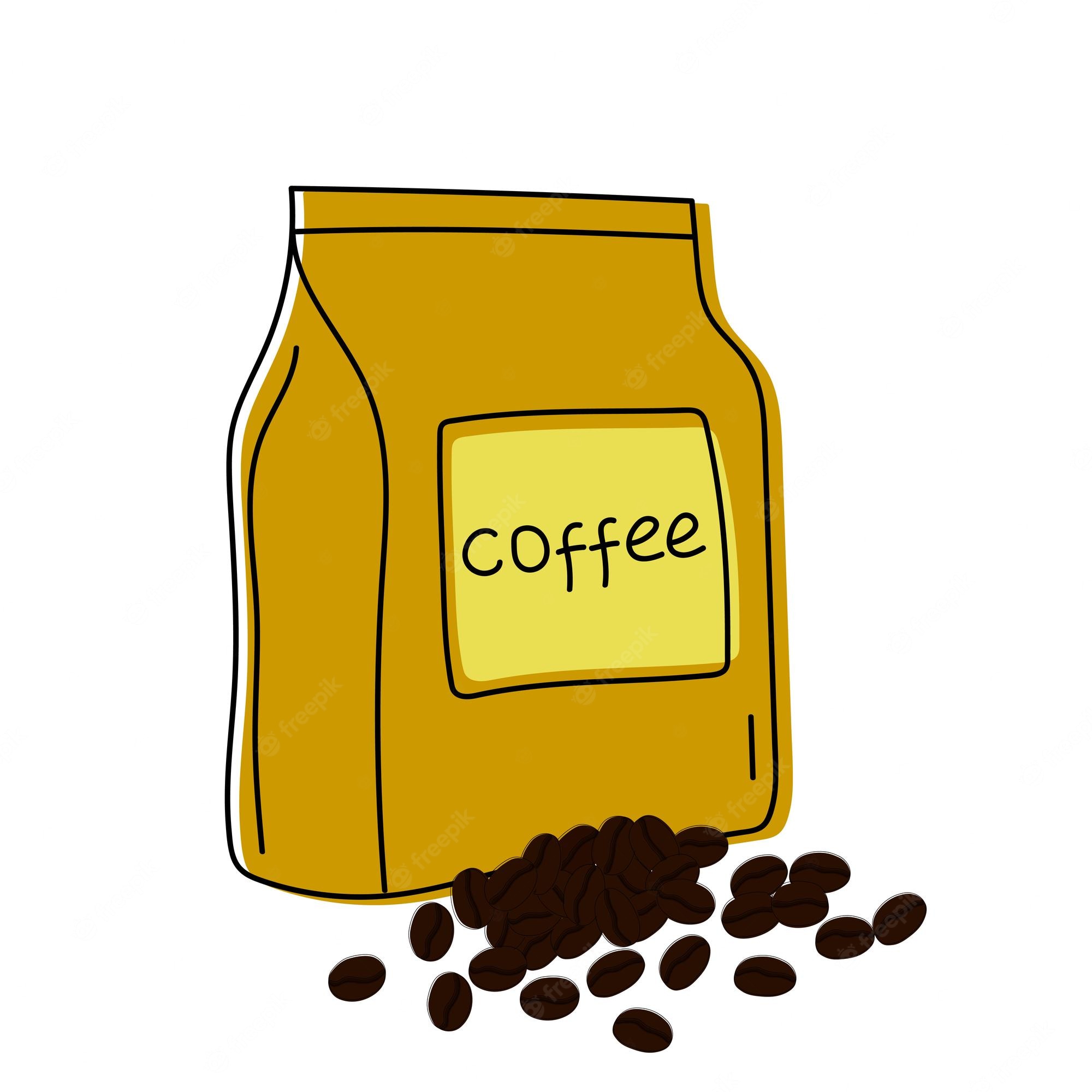 Golden coffee bag with "coffee" label and scattered roasted beans on white background.