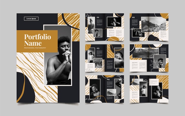 Modern photography portfolio brochure design with black, gold, and white abstract patterns and professional photo layouts.