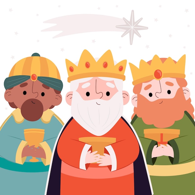Three wise men (Magi) holding gifts, wearing crowns and robes, with a star above them in a festive illustration.