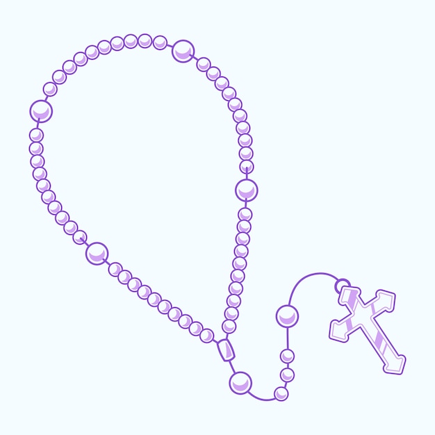 Purple illustrated rosary with beads and a cross pendant on light background.