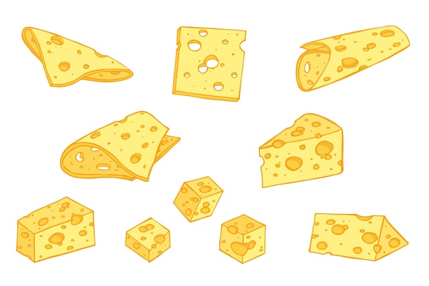 Collection of illustrated cheese varieties including slices, cubes, wedges, and rolled pieces with characteristic holes.