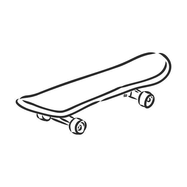 Simple black-and-white line drawing of a skateboard with deck, trucks, and wheels, angled diagonally on white background.