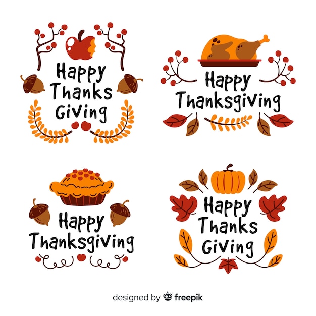 Four festive Thanksgiving illustrations with turkey, pie, pumpkin, apples, acorns, and autumn leaves with "Happy Thanksgiving" text.