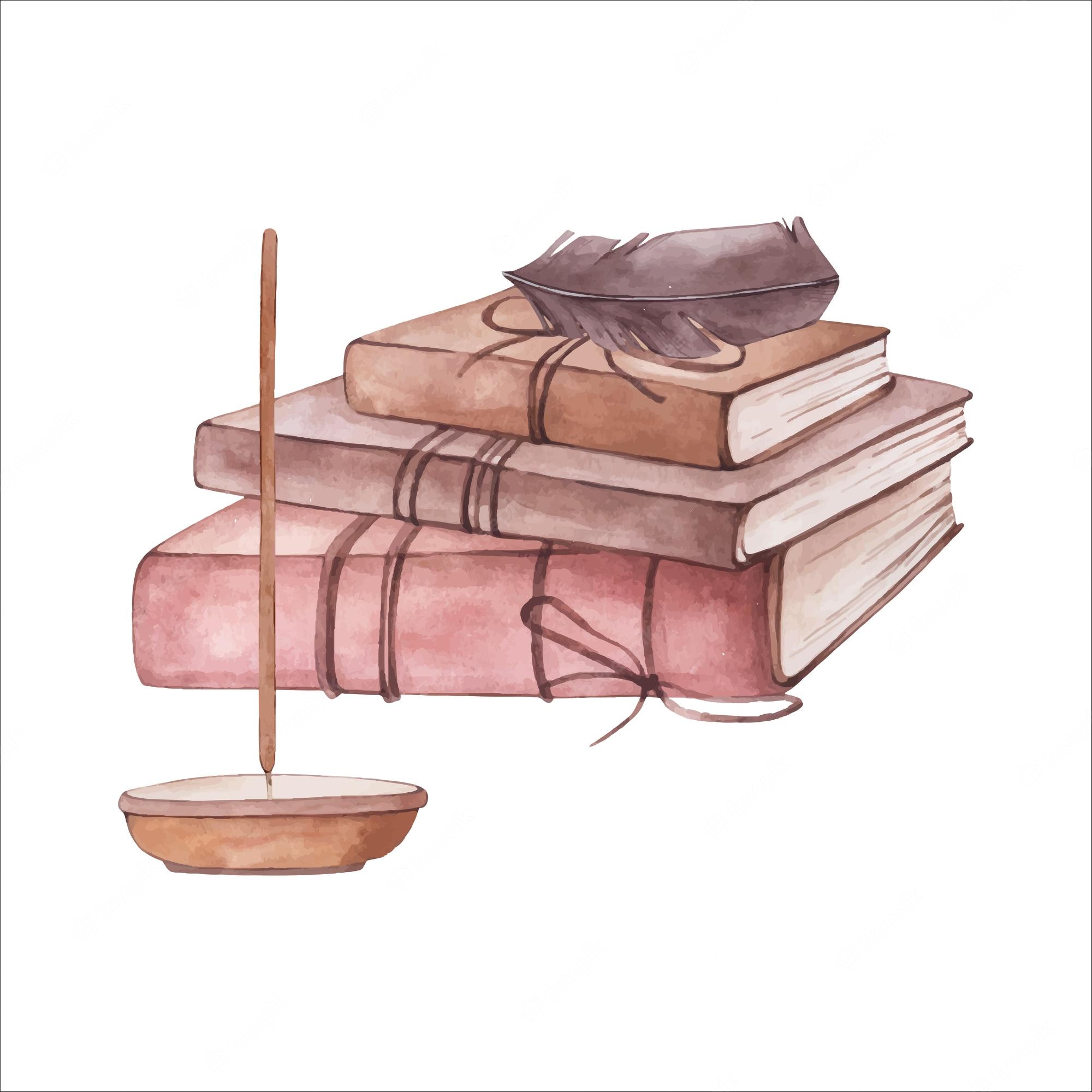 Vintage Books, Quill & Incense - Watercolor Illustration for Literary Themes
