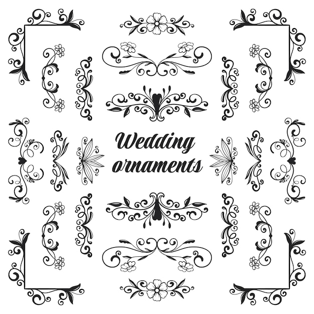 Black-and-white ornate floral wedding ornaments and decorative borders for invitations and stationery design.