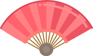 A stylized pink folding fan with golden ribs and a gray pivot, set against a teal background.