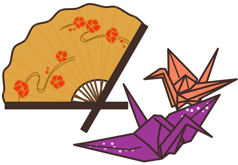 Japanese Origami Cranes and Folding Fan Illustration