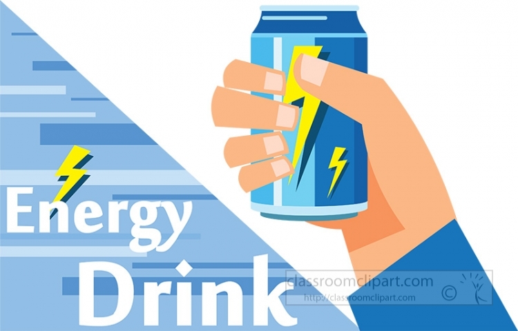 Hand holding a blue energy drink can with lightning bolt graphics, labeled "Energy Drink".