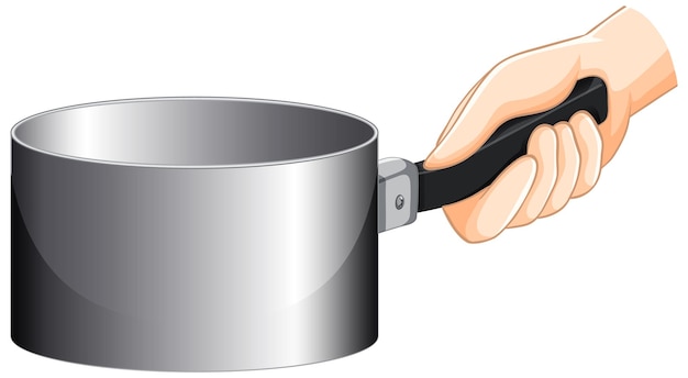 A hand gripping the black handle of a shiny stainless steel saucepan against a white background.