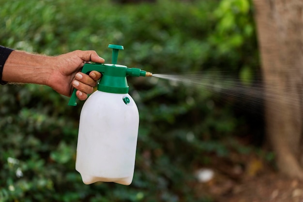 A hand holding a white and green garden sprayer spraying liquid into foliage.