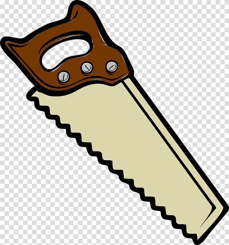 Hand saw with wooden handle and serrated metal blade, illustrated in cartoon style on transparent background.
