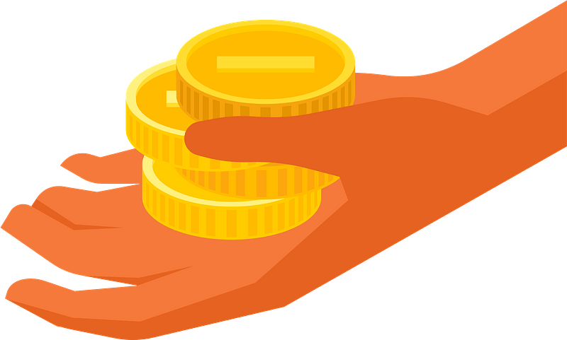 An orange hand holding three stacked gold coins with a minus sign on the top coin, symbolizing financial loss or expense.