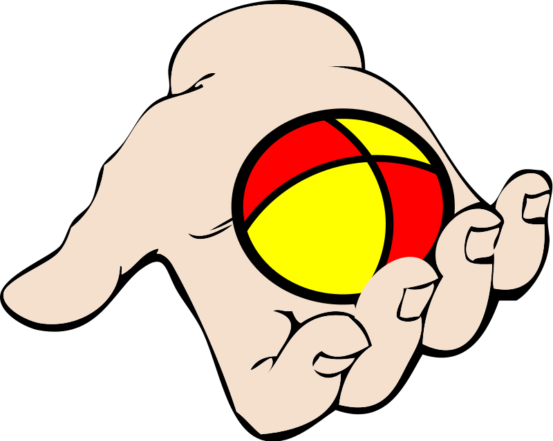 A stylized hand holding a red-and-yellow segmented sphere, symbolizing unity or diversity.