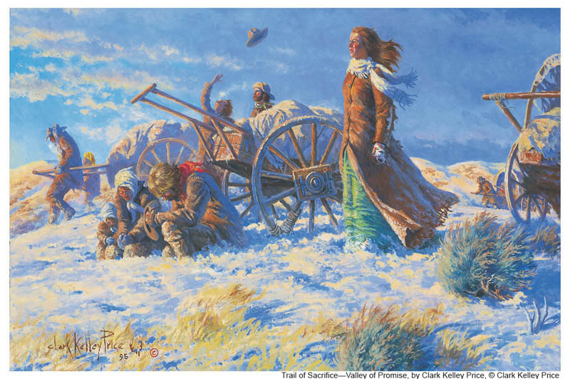 A historical painting depicting pioneers enduring a snowy landscape, with wagons, weary travelers, and a determined woman in the foreground.