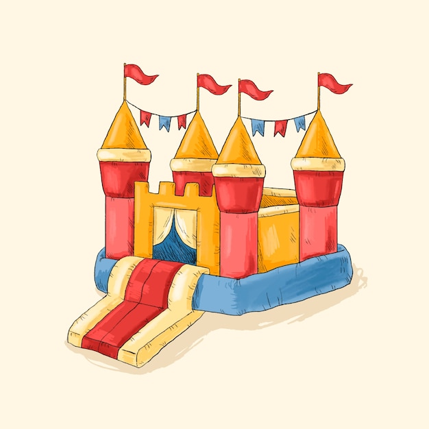 Colorful cartoon-style inflatable bouncy castle with red flags and festive banners.