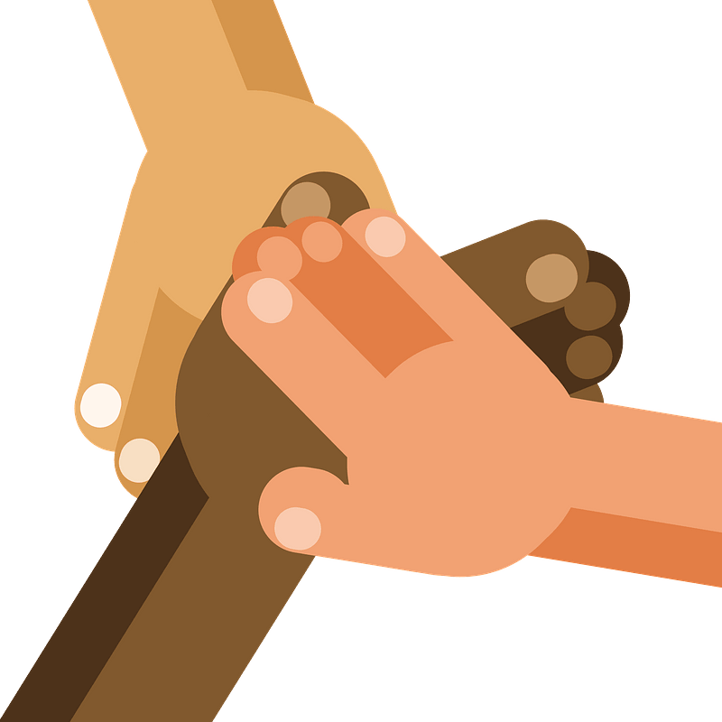 Three diverse hands clasped together in unity and support against a teal background.