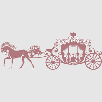 Elegant maroon horse-drawn carriage with ornate details and crown motif, in vintage silhouette style.