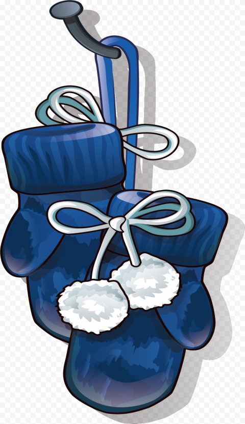Blue winter mittens with white pom-poms, ribbon bows, and a hanging hook, illustrated in vibrant cartoon style.