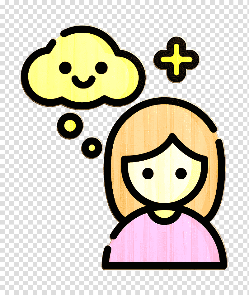 A smiling cartoon woman with a cheerful yellow thought bubble and a plus sign, symbolizing positivity or mental well-being.