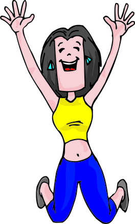 Joyful cartoon woman jumping with arms raised, wearing yellow top and blue pants, smiling broadly.