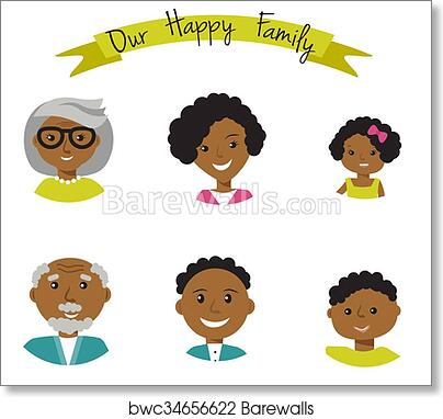 Illustration of a diverse, smiling multi-generational Black family including grandparents, parents, and children under a "Our Happy Family" banner.