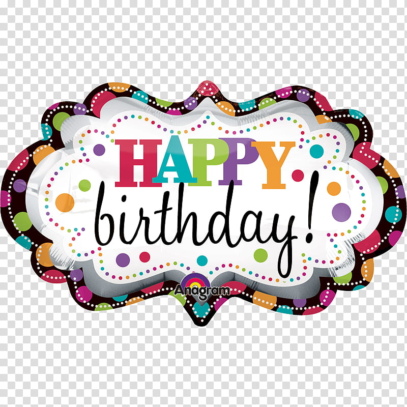 Colorful "Happy Birthday!" foil balloon with polka-dot border and playful typography.