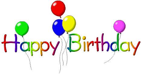 Colorful "Happy Birthday" text with floating balloons in green, red, blue, yellow, and purple.