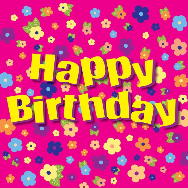 Vibrant pink birthday card with colorful flowers and bold yellow "Happy Birthday" text.