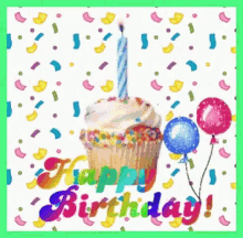 Colorful birthday cupcake with one candle, balloons, confetti, and "Happy Birthday!" text on a festive background.