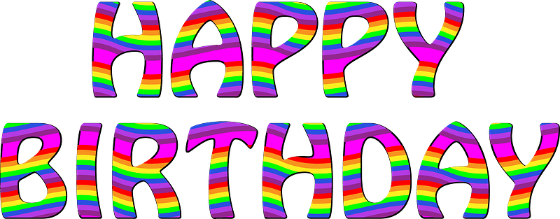 Rainbow-striped "Happy Birthday" text graphic on gray background.