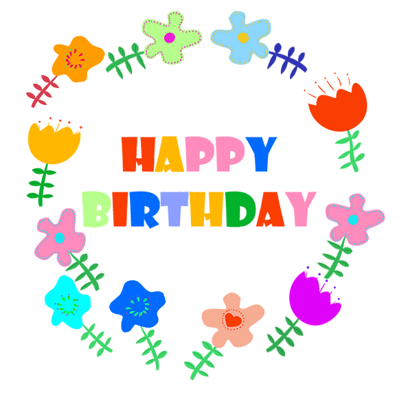 Colorful "Happy Birthday" text surrounded by a floral wreath on black background.
