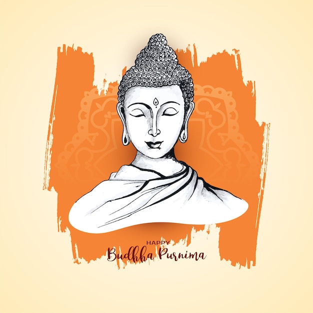 Serene Buddha bust illustration with orange background and "Happy Buddha Purnima" text.