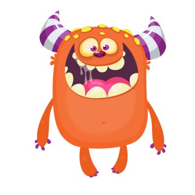 Orange cartoon monster with striped horns, wide grin, and drooling mouth, expressing joyful excitement.