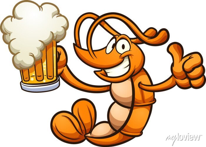 Cheerful orange shrimp cartoon holding a frothy beer mug and giving a thumbs-up.