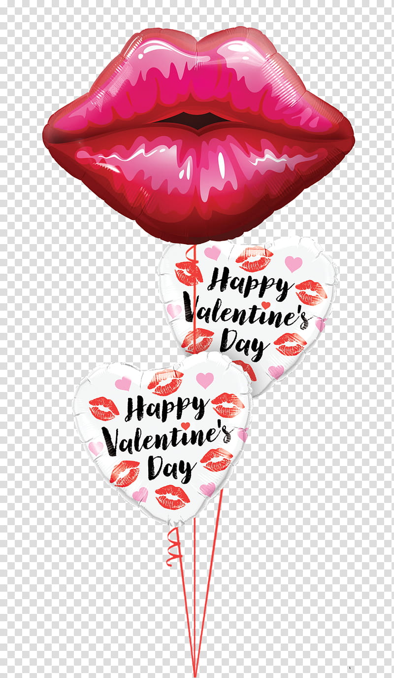 Glossy red lips balloon with two heart-shaped "Happy Valentine's Day" balloons adorned with kiss marks and pink hearts.