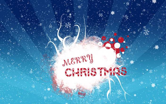 Festive "Merry Christmas" graphic with red text, snowflakes, and abstract white swirls on a blue gradient snowy background.
