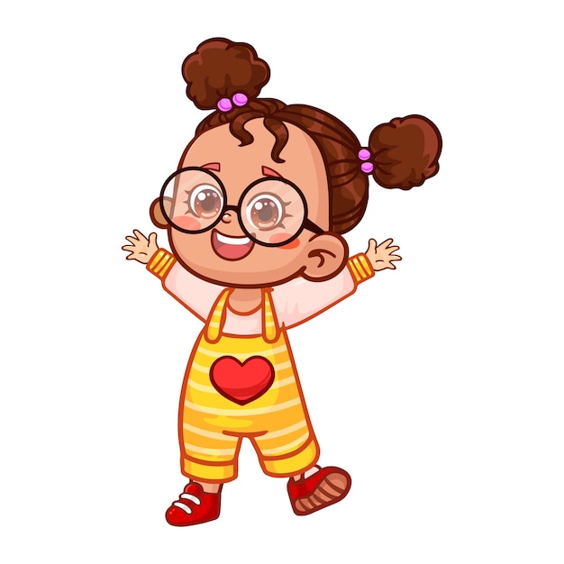Cheerful cartoon girl with glasses, pigtails, yellow striped overalls, and a red heart patch, arms raised in joy.